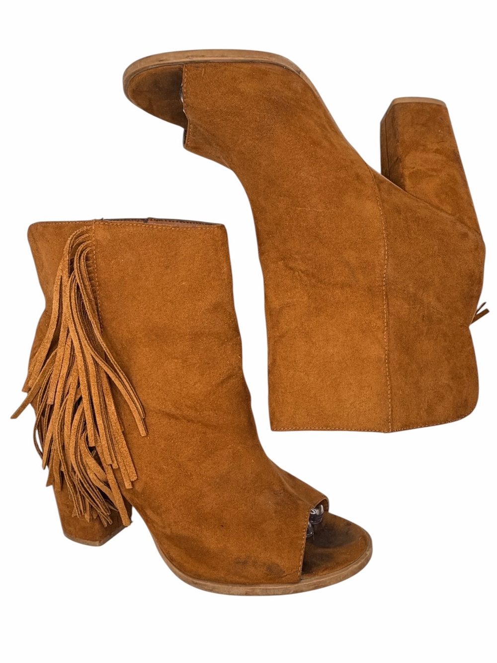 DV Fringe Suede Peep-Toe Wedge Booties - Brown - Size 10